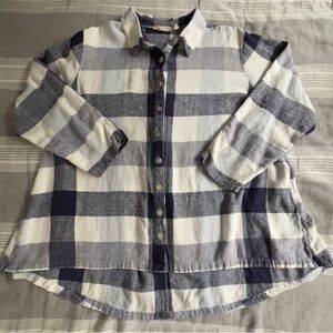Soft Surroundings Carreaux Shirt Linen Blend Blue Plaid 3/4 Sleeve Zip Back 2X